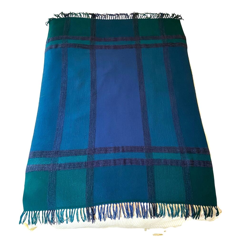 Vintage Churchill Weavers Handwoven Throw Blanket Blue Green Plaid USA READ